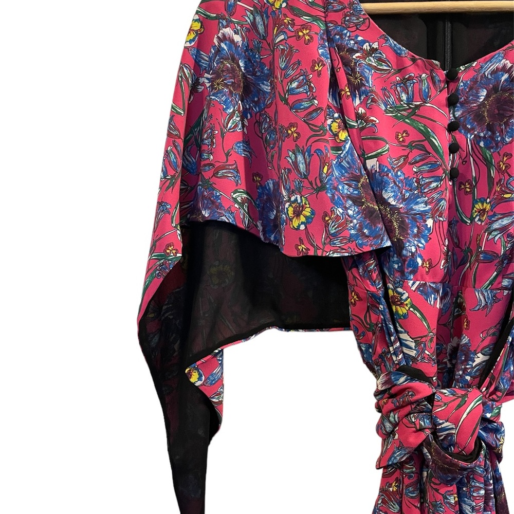 PRABAL GURUNG Collective Pink Floral Cape-Sleeve Tunic Blouse Belted - Size 6 - Picture 4 of 11